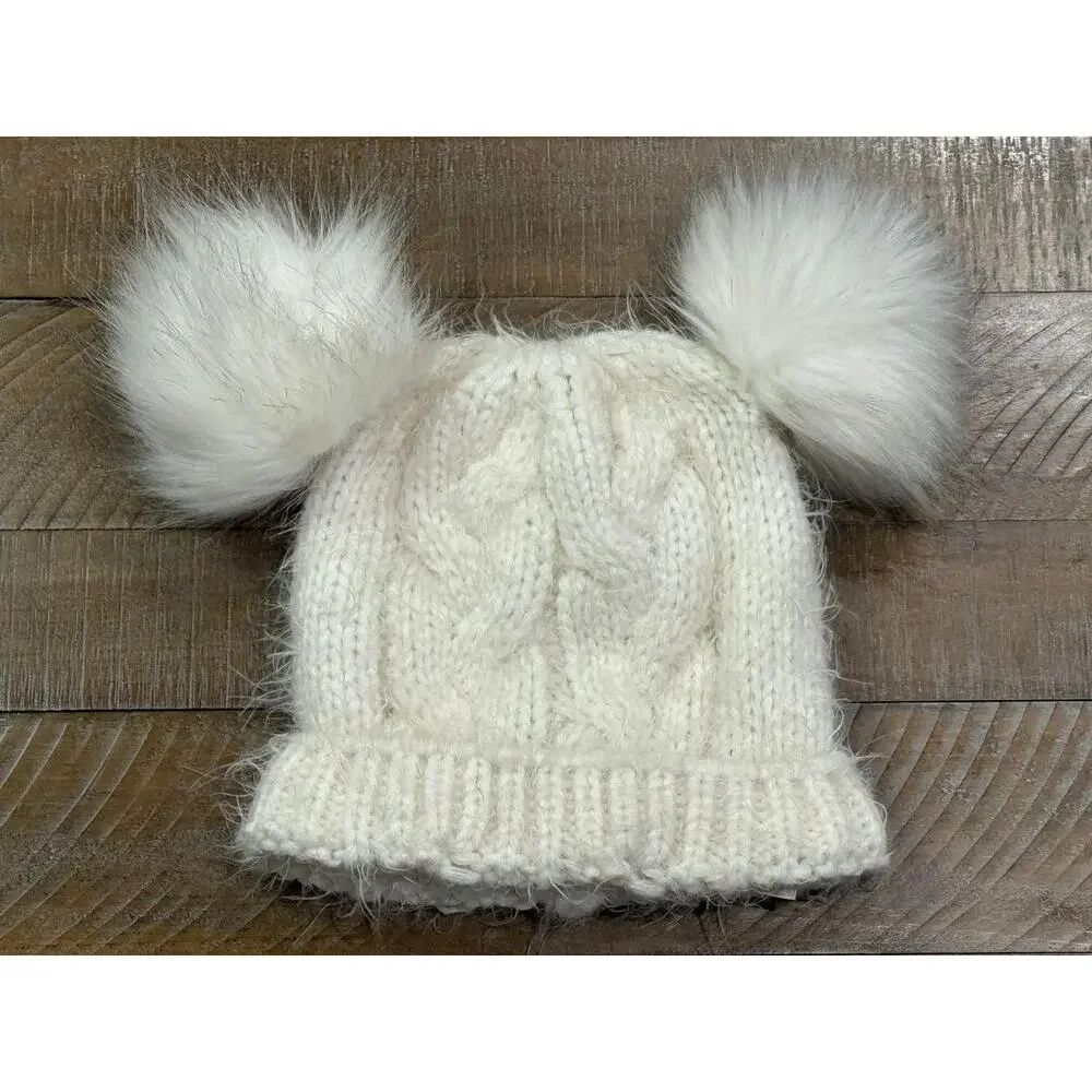 Primark Ivory Cable Knit Double Pom Pom Sweater Hat Beanie